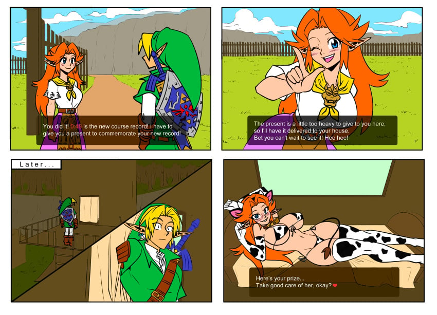 1girls bikini blonde_hair blue_eyes blush breasts comic cow_ears cow_girl cow_print cow_print_bikini english_text female hips huge_breasts kemonomimi large_breasts link link_(ocarina_of_time) long_ears malon matsu-sensei nintendo ocarina_of_time on_bed red_eyes side-tie_panties the_legend_of_zelda thick_thighs thighhighs thighs wide_hips