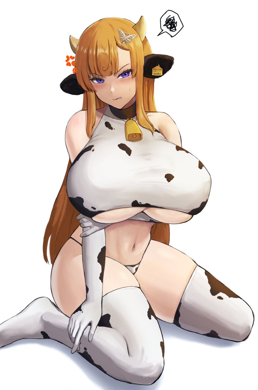 1girls angry angry_face arm_under_breasts bell_collar blonde_hair blue_eyes butterfly_hair_ornament cow_bell cow_bell_collar cow_ears cow_girl cow_horns cow_print cow_print_armwear cow_print_legwear cow_print_thighhighs elbow_gloves eyebrows_visible_through_hair female female_only gloves hair_ornament huge_breasts kneeling large_breasts light-skinned_female light_skin long_hair murasaki_nami navel original original_character solo stomach thick_thighs thighhighs underboob underboob_cutout white_background year_of_the_ox zettai_ryouiki