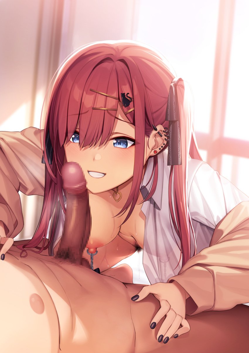 1boy 1girls absurdres bangs blue_eyes breasts dripping ear_piercing earrings erection fellatio female grin gyaru hair_ornament hairpin highres jewelry kogal light-skinned_female light-skinned_male light_skin medium_breasts nail_polish nanafuton nipple_piercing nipples open_clothes oral original penis piercing red_hair smile spread_legs twintails wet