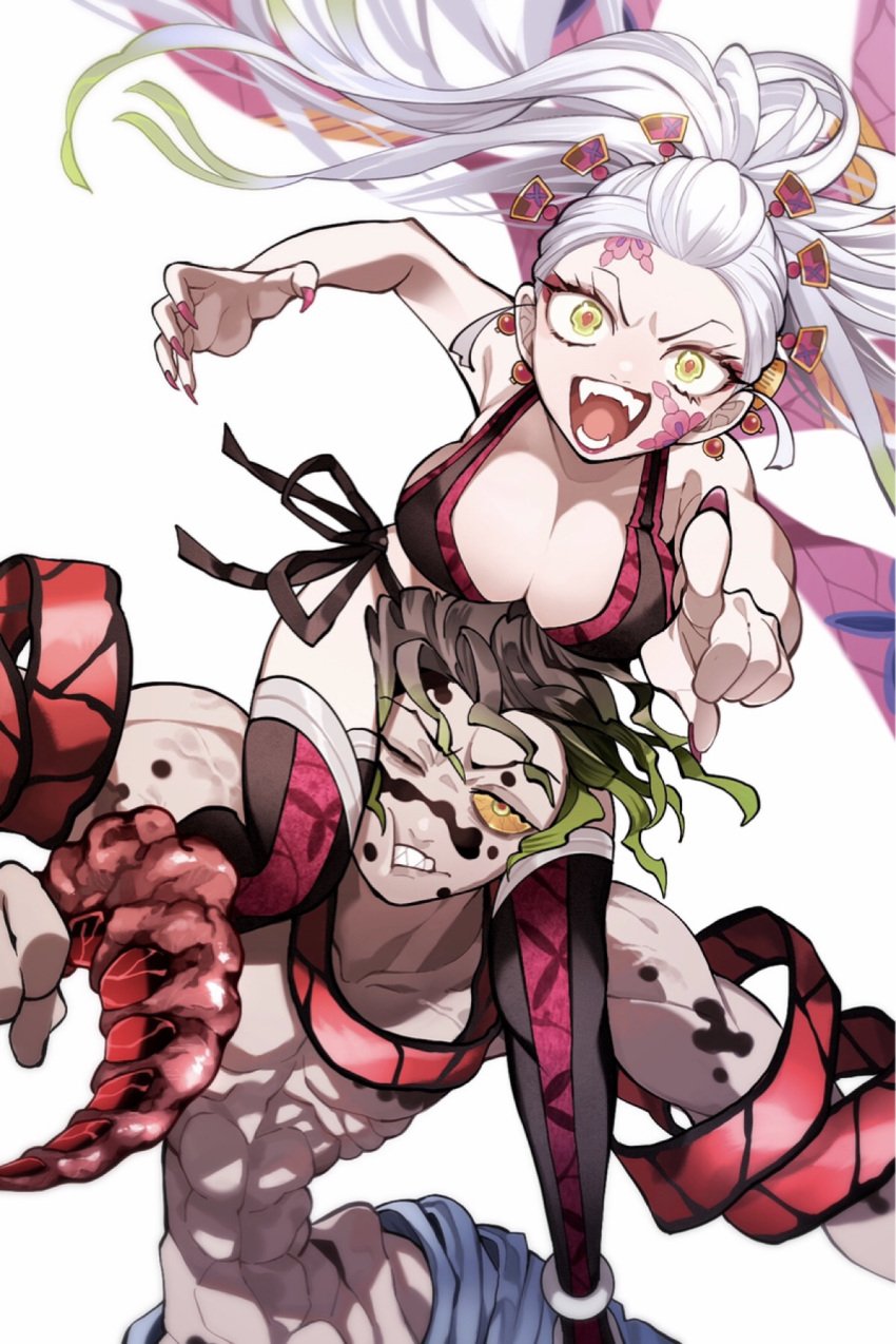 1boy 1girls big_breasts breast_rest breasts_on_head brother_and_sister cleavage cute daki_(kimetsu_no_yaiba) demon_boy demon_girl demon_slayer facial_markings fangs female gyutaro hair_ornament kimetsu_no_yaiba lingerie long_hair looking_at_viewer male open_mouth pale-skinned_female pale-skinned_male pale_skin sharp_fingernails siblings side-tie_panties smile thighhighs two_tone_hair very_long_hair weapon white_hair wholesome