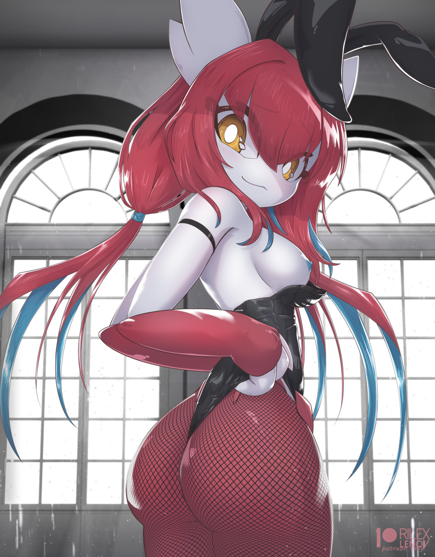 anthro anthrofied arm_band ass blush breasts bunny_ears bunnysuit eyelashes fake_animal_ears female fishnet_legwear fishnets hair latias legendary_pokemon leotard leotard_pull looking_at_viewer nintendo pokemon pokemon_(species) red_hair rilex_lenov smile solo yellow_eyes