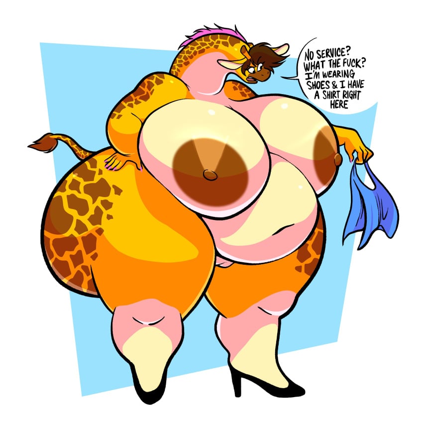 absurd_res anthro areola ass belly big_belly big_breasts big_butt breasts brown_areola brown_hair brown_nipples clothing english_text female giraffe giraffid hair hi_res high_heels holding_clothing holding_object holding_shirt holding_topwear huge_breasts huge_butt huge_thighs hyper hyper_breasts hyper_butt hyper_hips kubwa_kalua mammal navel nipples nude obese obese_anthro obese_female open_mouth overweight overweight_anthro overweight_female profanity question_mark shirt snackdumpster solo speech_bubble text thick_thighs topwear wide_hips