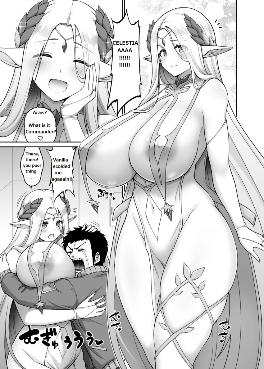 bimbo breast_curtains breasts celestia_(last_origin) cerestia_of_life comic gigantic_breasts handjob huge_breasts hyper_breasts kanno_takanori large_breasts last_origin monochrome paizuri penis sex tagme