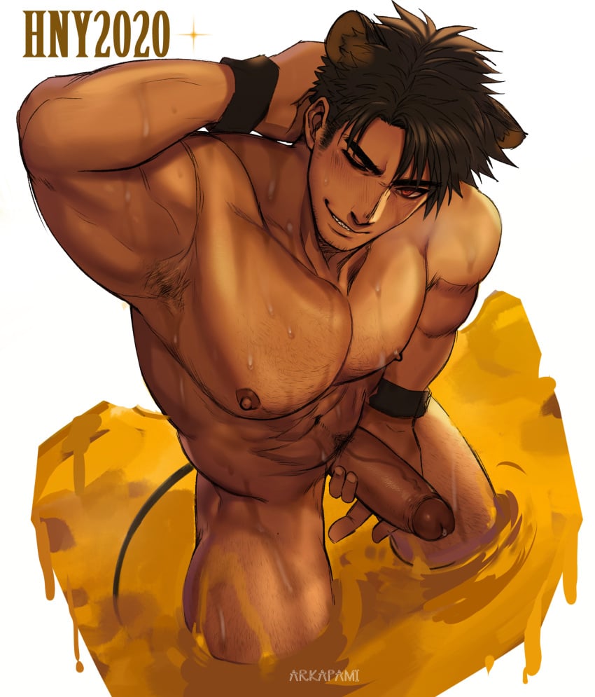 arkapami armpit_hair bara brown_hair dick grabbing_penis muscular_male precum solo_male tail wet_body