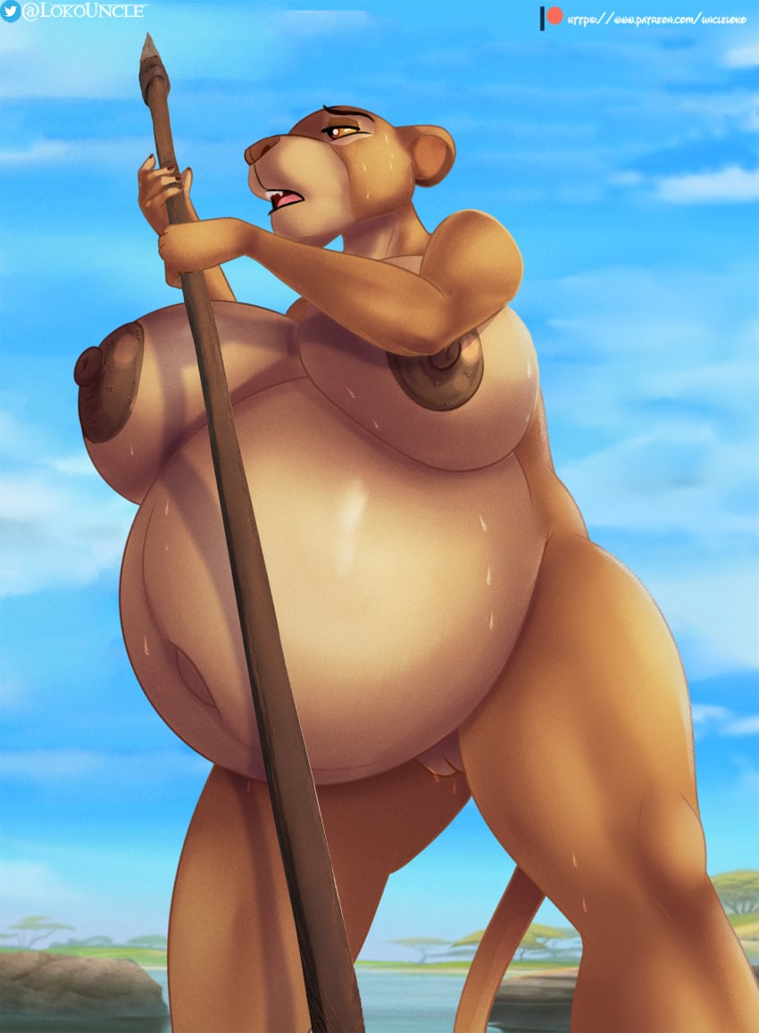 2022 anthro anthrofied areola belly big_belly big_breasts blue_sky bodily_fluids breasts brown_body brown_eyes brown_fur casual_nudity cloud cloudscape dark_areola dark_nipples day disney el-loko felid female fur genitals glistening glistening_body hi_res holding_melee_weapon holding_object holding_spear holding_weapon huge_breasts jewelry lion mammal mature_anthro mature_female melee_weapon navel nipples nude open_mouth outside pantherine polearm pregnant pregnant_female pussy ready_to_pop sarabi savanna sky solo spear standing sweat teeth text the_lion_king tired tongue url water weapon