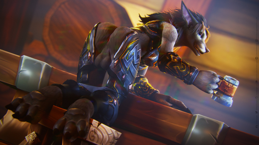 16:9 2022 3d_(artwork) 3dsmax 4k absurd_res anthro anus armor ass balls black_hair black_nose blizzard_entertainment blue_eyes brown_body brown_fur canid container cup destiney_crawford_(thatworgen) digital_media_(artwork) fur furniture genitals hair hi_res holding_object kneeling looking_back male male_only mammal open_mouth pawpads paws solo stool table text thatworgen unconvincing_armor url video_games warcraft watermark were werecanid widescreen worgen world_of_warcraft