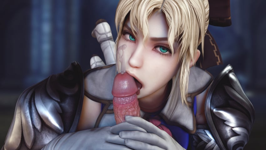 1boy 1girls 3d 3d_render armor blonde_hair blue_eyes bow braid breasts cassandra_alexandra clothing erection facial fellatio female gloves green_eyes large_penis licking looking_at_viewer male male_pov mrstranger nose oral penis penis_licking shoulder_armor solo_focus soul_calibur straight tied_hair tongue tongue_out two-handed_handjob veins xnalara