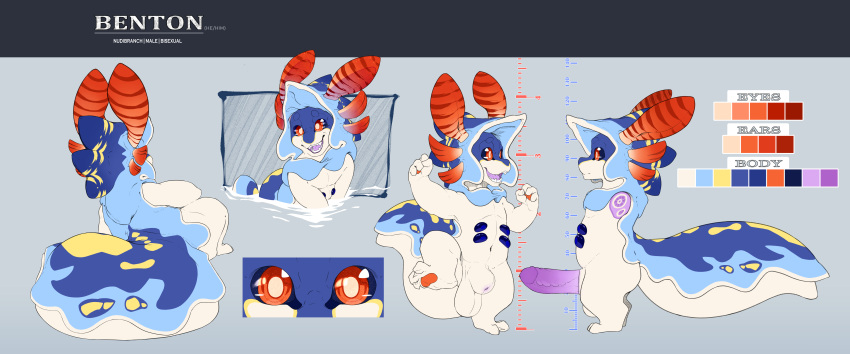 3_toes 4_fingers absurd_res animal_genitalia anthro aquatic_gastropod balls benton_(just_a_slug) big_balls big_penis big_tail biped blue_body blue_markings blue_sclera claws color_swatch curling_toes digital_media_(artwork) digitigrade ear_markings english_text erection eyes_close-up facial_markings feet fin fingers fist gastropod genitals gradient_penis head_markings hi_res hood just_a_slug_(artist) long_tail looking_at_viewer male marine markings model_sheet mollusk multicolored_body multicolored_ears navel nude nudibranch open_mouth orange_eyes pawpads penis purple_tongue raised_arm raised_leg rear_view sea_slug sheath short_stack side_view simple_background sitting slug smile solo standing tail tail_markings teeth teeth_showing text toes tongue unusual_anatomy unusual_genitalia unusual_penis water water_ripple white_body yellow_markings