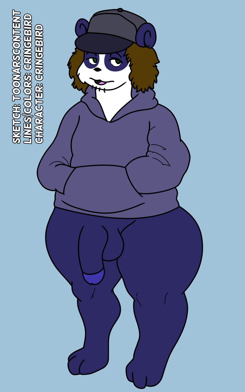 2021 anthro bear blue_fur brown_hair cap collaboration cringebird furry genitals hair hat hoodie humanoid_genitalia humanoid_penis nikolai_(cringebird) nonbinary panda penis snapback stubble toonarscontent ursid ursine