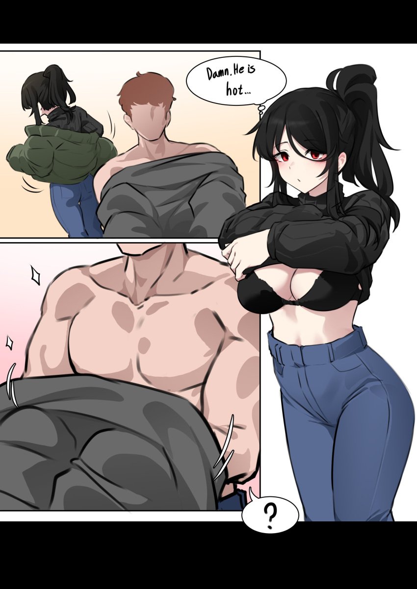 bandit-chan_(k0ng) black_hair bra breasts dreaming k0ng male muscular muscular_male red_eyes undressing