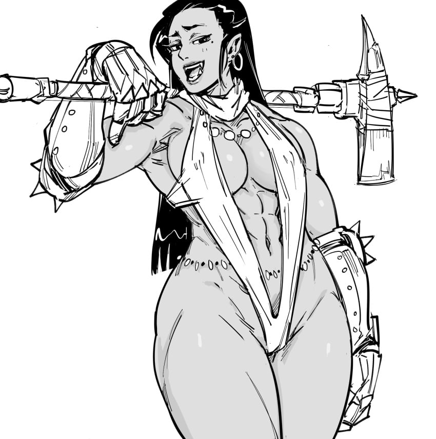 1girls abs bb_(baalbuddy) breasts dark-skinned_female dark_skin earrings female greyscale hips large_breasts long_hair mole mole_under_eye monochrome muscular muscular_female navel nipple_bulge obliques orc orc_female original pointy_ears solo solo_female standing thick_thighs thighs wide_hips