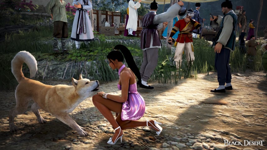 3d arab_female arabian arabian_female bdo beurette black_desert black_desert_online black_hair canine commentary_request dark-skinned_female degradation exposed game_screenshot humiliation irl_character latex_dress pink_dress white_heels yourbdoslave zoophilia