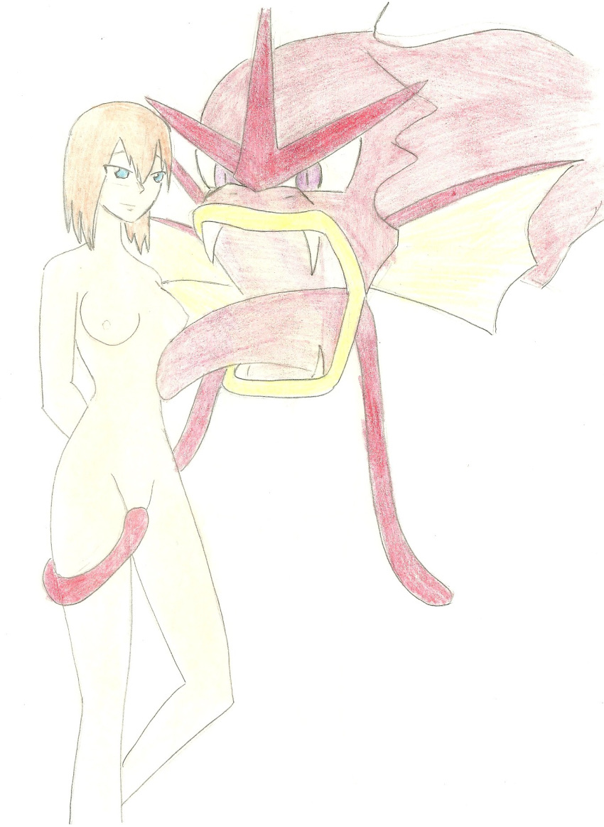 breasts color female gyarados human interspecies kasumi_(pokemon) nintendo nude pokemon pokephilia red_skin size_difference standing tagme tongue zenki1389