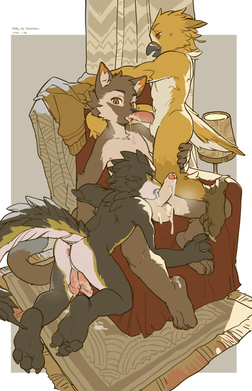 anthro anthro_on_anthro ass avian balls beak biped bodily_fluids countershade_butt countershading cum erection fingers foreskin genital_fluids genitals glans group group_sex hi_res humanoid_genitalia humanoid_penis inner_ear_fluff interspecies kemono licking male male/male mammal milkybot oral pangolin penile penis penis_lick sex tail threesome tongue trio tuft uncircumcised