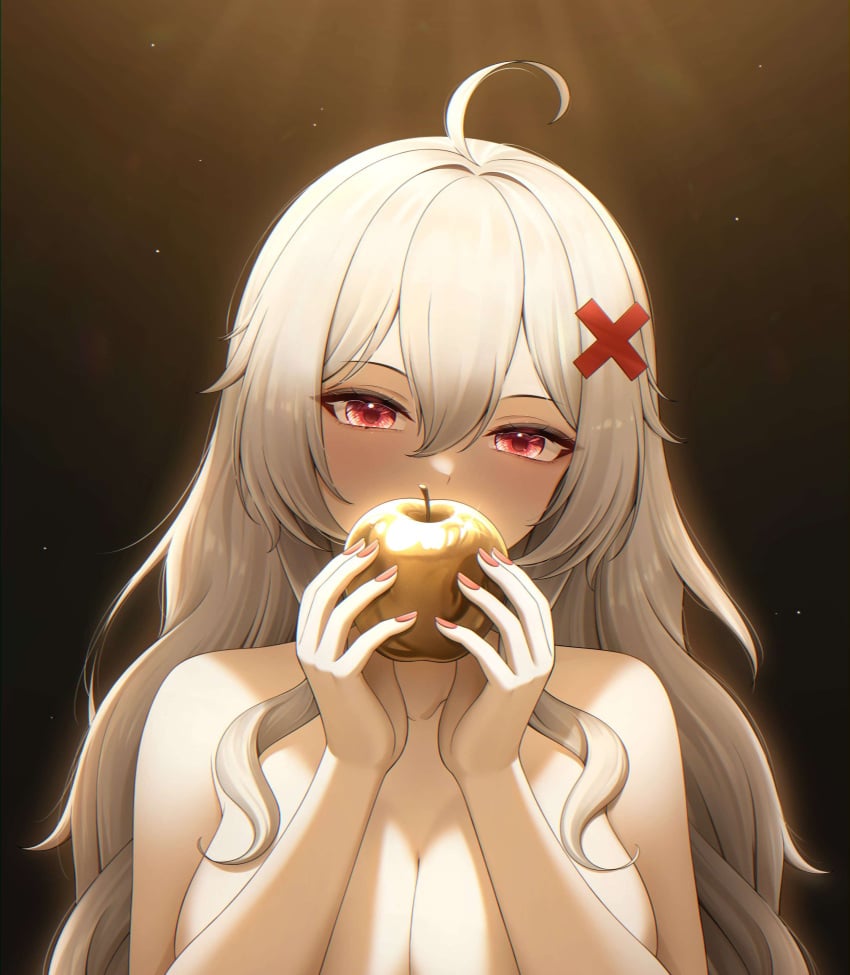 1_girl ahoge apple big_breats erispheria female female_focus female_only high_res high_resolution large_breasts long_hair naked naked_female red_eyes twitch vtuber white_hair youtube youtube_hispanic