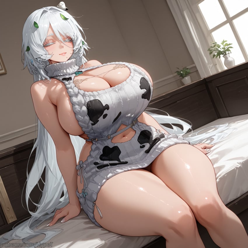 ai_generated alternate_version_at_source big_breasts breasts cow_print fat_breasts female goddess_of_victory:_nikke hypet shiny shiny_skin sitting solo tagme thick thick_ass thick_legs thick_thighs thighhighs thighs trina_(nikke) white_hair wide_hips