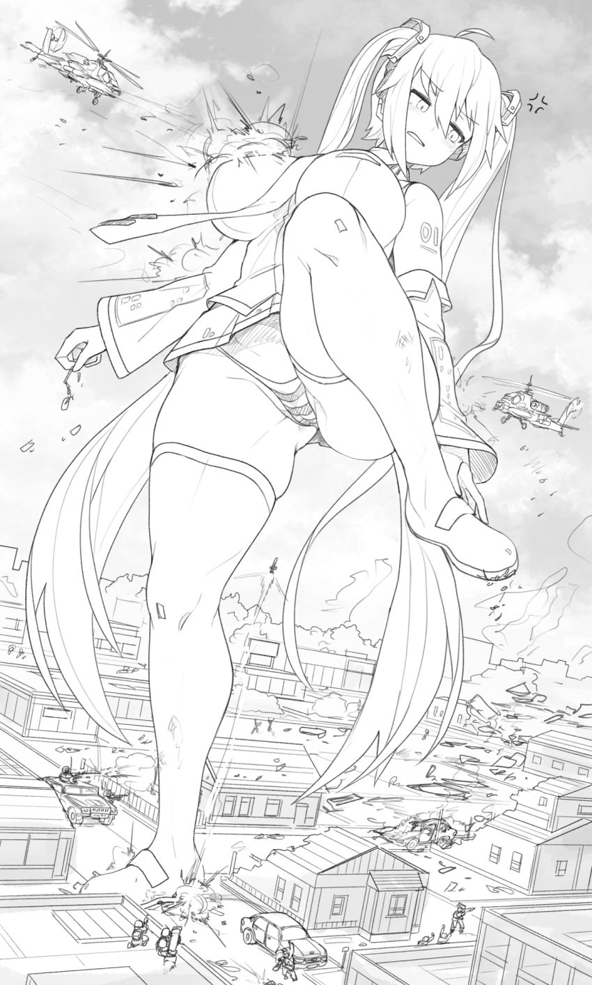 1girls 2020s 2023 ahoge big_breasts black_and_white breasts city city_destruction crush crushing destruction doodle female female_focus giant_female giant_woman giantess hatsune_miku helicopter large_boobs large_breasts lifting_leg macro macro_female pantyshot sinensian stockings tie twintails twintails_(hairstyle) vocaloid