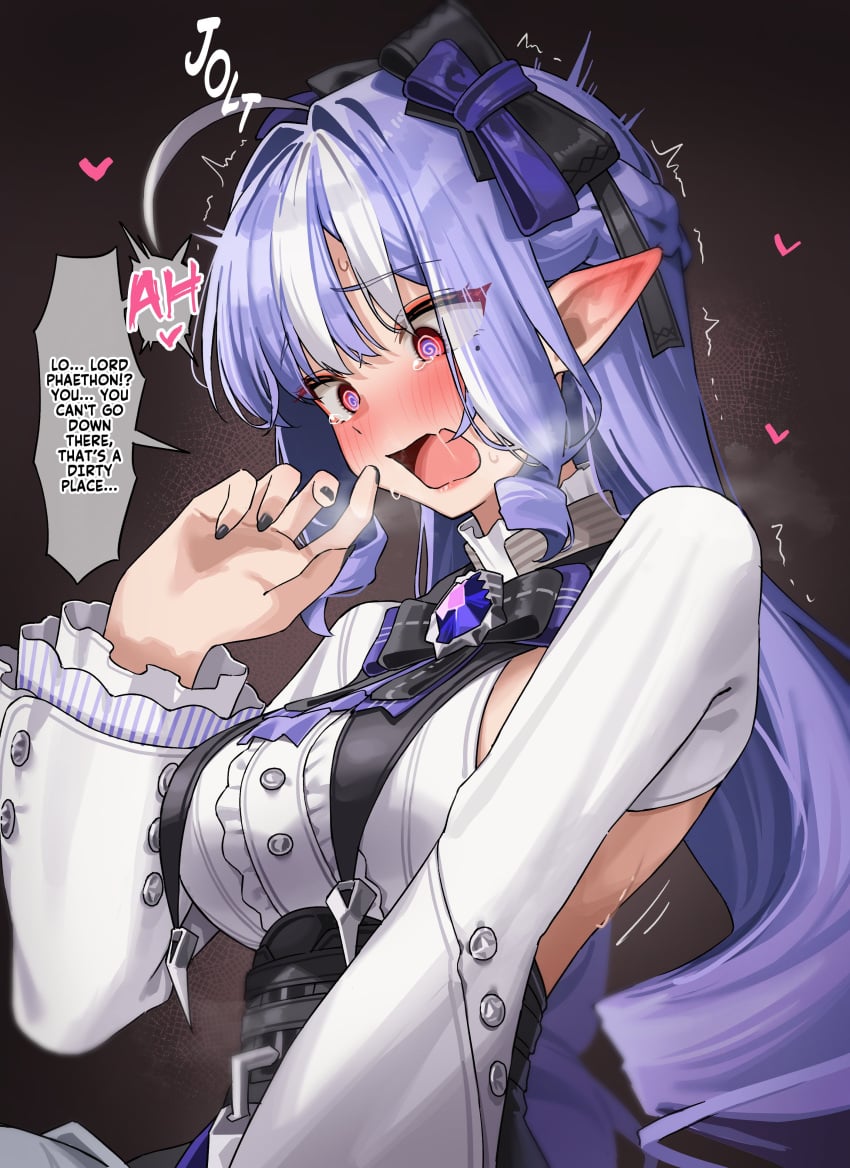 1girls @_@ bare_shoulders blush breasts ear_blush elf elf_ears elf_female english_text female long_sleeves nail_polish open_mouth pointy_ears purple_hair sexually_suggestive sweatdrop text_bubble trembling vivian_(zenless_zone_zero) zenless_zone_zero