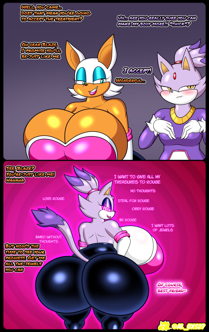 absurd_res al_gx anthro ass bat before_and_after big_breasts big_butt bimbofication blaze_the_cat brainwashing breast_envy breast_expansion breasts butt_expansion butt_focus clothing dialogue duo expansion eyelashes felid feline female female/female fur gloves glowing glowing_eyes hair handwear hi_res huge_breasts huge_butt hyper hyper_breasts hyper_butt hypnosis latex latex_clothing lipstick makeup mammal mind_control narrowed_eyes purple_body purple_fur rear_view rouge_the_bat rubber_clothing seductive sega simple_background smile solo sonic_the_hedgehog_(series) thick_thighs tight_clothing transformation wide_hips