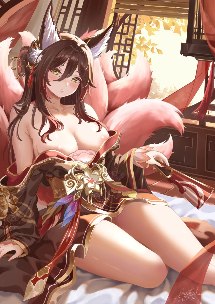 absurdres animal_ears architecture areola_slip arm_support armpit_crease artist_name artist_signature az_(moyugod) bare_legs blush breasts brown_hair brown_kimono clothes_down collarbone commentary dated east_asian_architecture feet_out_of_frame female female_only fluffy_ears fluffy_tail folded_fan folding_fan fox_ears fox_girl fox_tail fugue_(honkai:_star_rail) green_eyes hair_between_eyes hair_ornament half-dressed hand_fan headgear headwear highres holding holding_fan honkai:_star_rail honkai_(series) indoors japanese_clothes kemonomimi kimono kitsune kyuubi large_breasts legs long_hair looking_at_viewer multicolored_hair multiple_tails nail_polish parted_lips pink_tail red_nails signature sitting solo solo_female tail tingyun_(honkai:_star_rail)