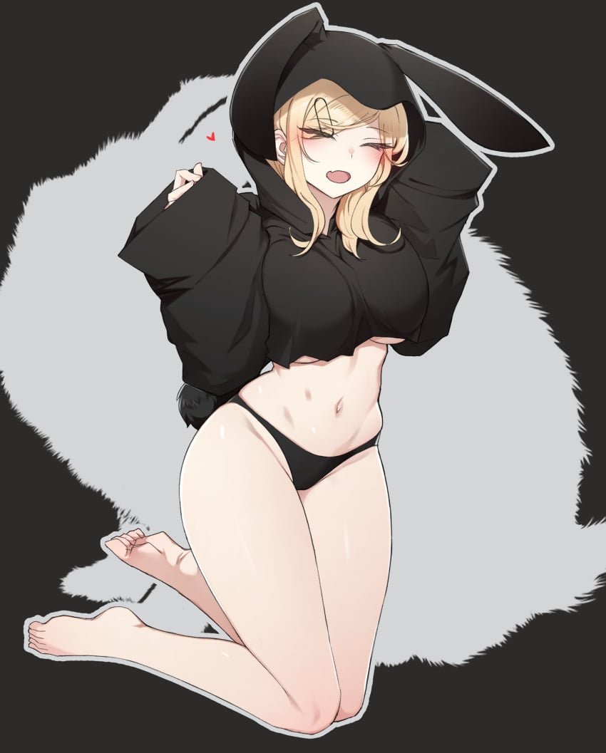 black_clothing black_hoodie blonde_female blonde_hair blush bottomless bunny_ears bunny_girl bunny_tail bunnysuit closed_eyes cropped_hoodie cute feet_up hoodie huge_breasts k0ng large_breasts light-skinned_female merc-san_(k0ng) no_pants oversized_clothes smile smiling stomach thighs thong underboob