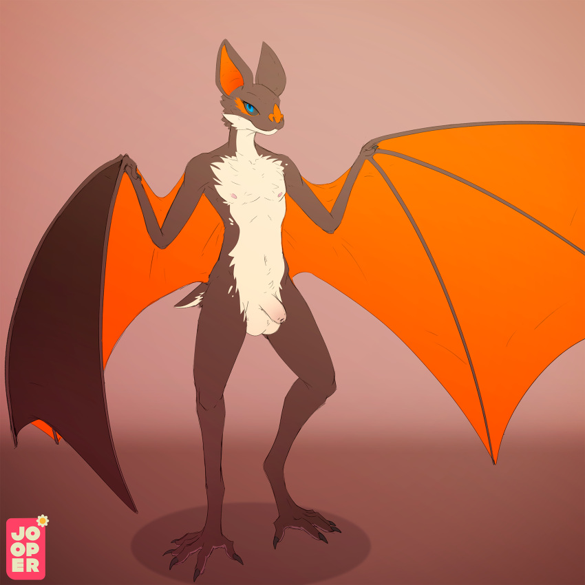 anthro apollo_(onlyprime223) balls bat_wings blue_eyes brown_body chiropteran countershading flaccid foreskin genitals hi_res humanoid_genitalia humanoid_penis jooper male mammal membrane_(anatomy) membranous_wings nipples orange_body orange_skin penis pose presenting solo standing wings