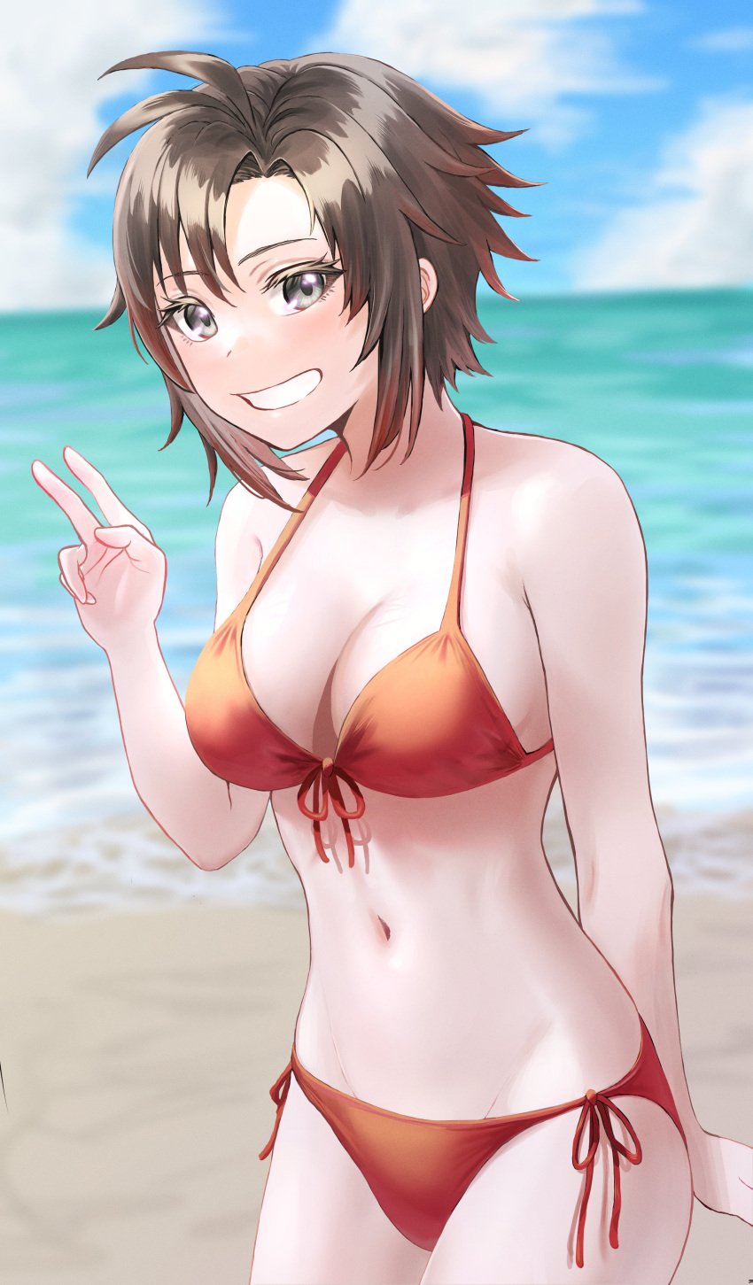 1girls beach female female_only lowerandlower91 ocean red_bikini reddish_hair ruby_rose rwby silver_eyes solo solo_female