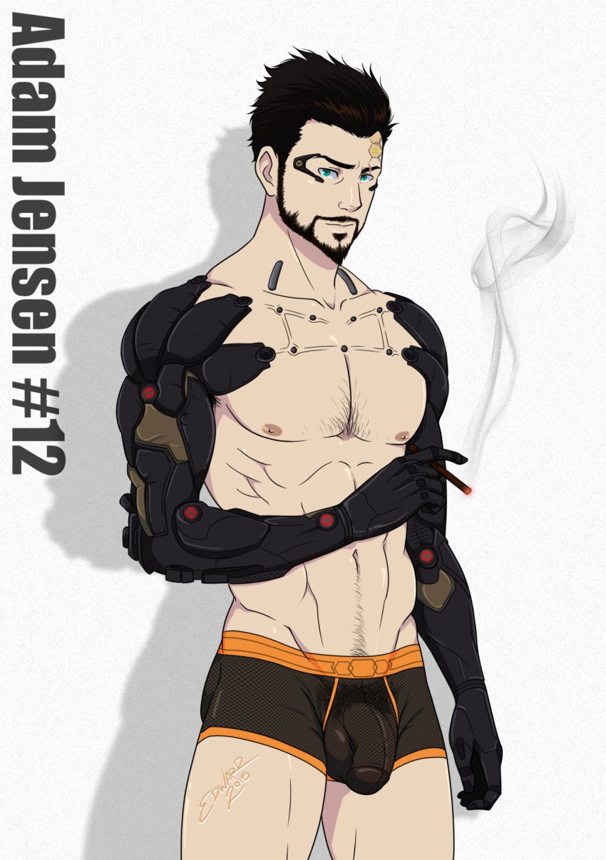 1boy adam_jensen black_hair cybernetics deus_ex ed_draws facial_hair flaccid_penis male male_focus male_only robotic_arm smoking underwear