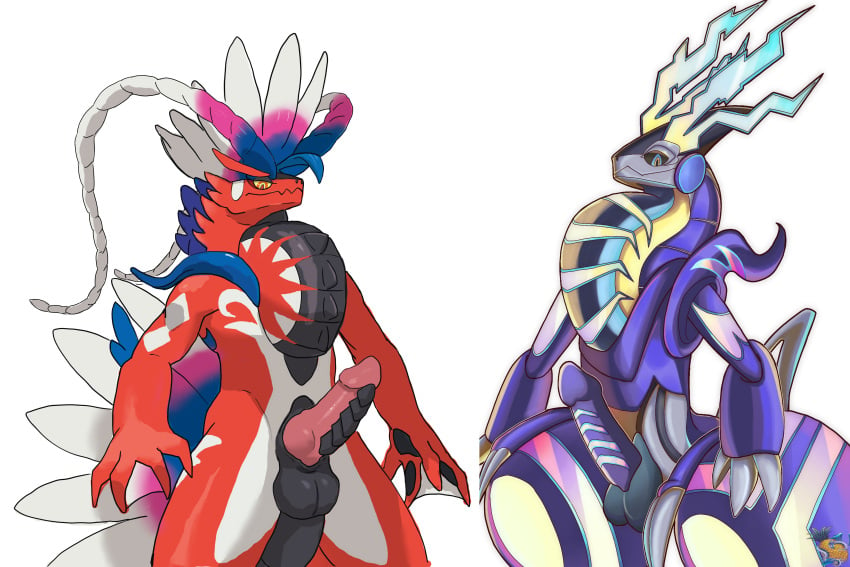 3:2 absurd_res anthro balls countershading dragon duo genitals hi_res knot koraidon legendary_pokémon male male_only miraidon nintendo penis pokémon_(species) pokemon pokemon_sv red_body ryunishi_okami simple_background video_games white_background