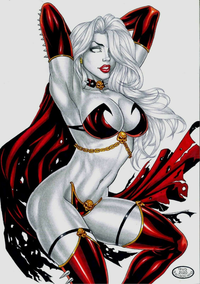 big_breasts cape chaos_comics coffin_comics death_(personification) dominant_female ed_benes_studio female female_only grim_reaper lady_death latex_bra latex_gloves latex_thong long_hair queen_of_the_dead red_latex red_latex_armwear red_latex_legwear red_lips rudimar_patrocinio seductive_eyes seductive_look seductive_smile skin_tight skull_earrings white_hair white_skin