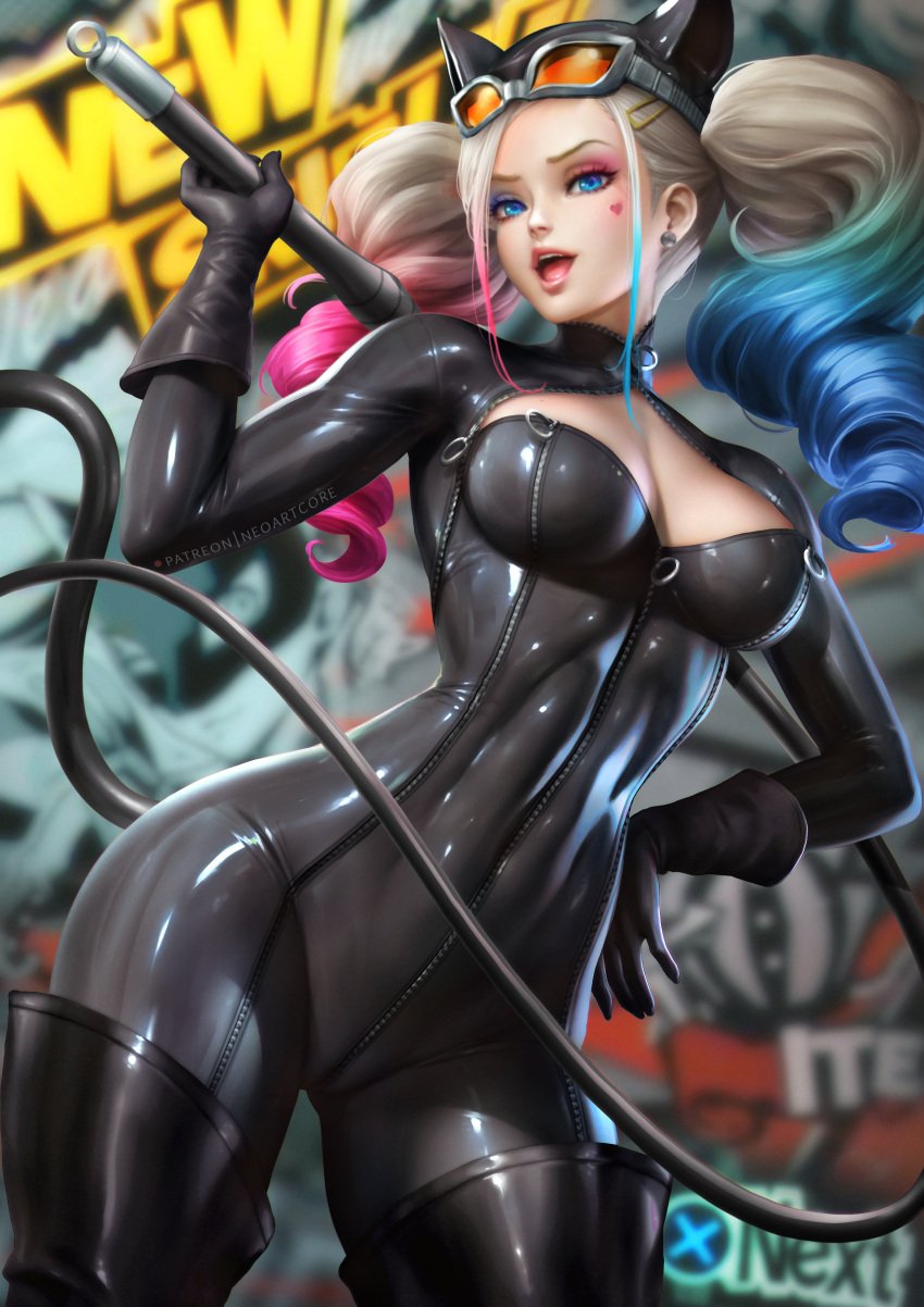 ann_takamaki atlus blonde_hair blue_eyes cameltoe catwoman_(cosplay) clothed cosplay dyed_hair edit gloves harley_quinn_(cosplay) large_breasts looking_at_viewer mask neoartcore nudtawut_thongmai persona persona_5 skin_tight slim_waist thick_thighs thigh_boots thighhighs whip wide_hips zipper