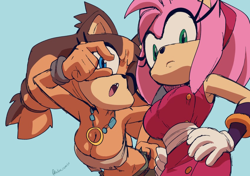 2d 2girls amy_rose amy_rose_(boom) anthro badger big_breasts blue_eyes breasts cleavage color dress female female_only furry green_eyes hands_on_hips hanging_breasts hedgehog inker_comics inkershike jpeg large_breasts necklace sega sonic_(series) sonic_boom sonic_the_hedgehog_(series) sticks_the_badger tagme