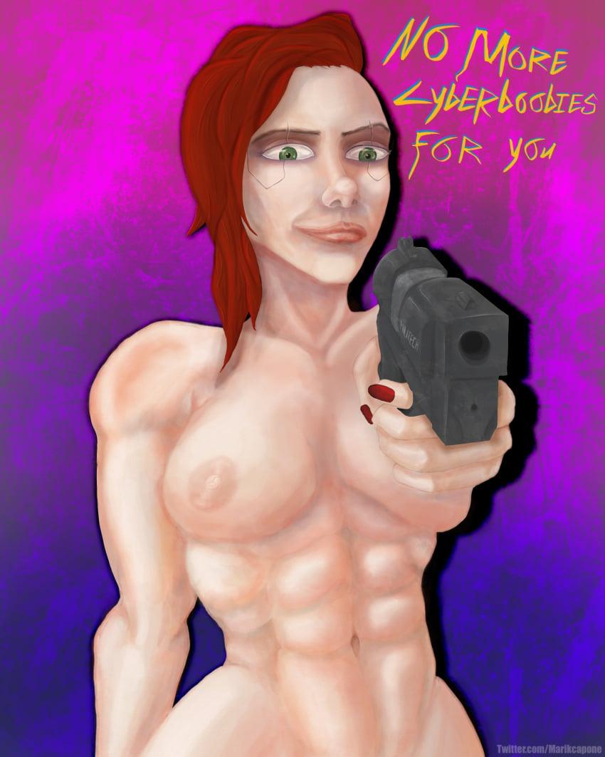 1girls 2d 5_fingers abs abstract_background belly_button breasts casual cybernetics cyberpunk cyberpunk_2077 eyebrow_cut eyebrow_slits female female_only fingernails firearm funny green_eyes gun handgun human long_fingernails marikcapone meme muscles muscular muscular_female nail_polish nails navel nipples pale_skin pointing_at_viewer pointing_gun red_fingernails red_hair short_hair smile smirk smirking solo solo_female text undercut v_(cyberpunk_2077) valerie_(cyberpunk_2077) weapon white_skin