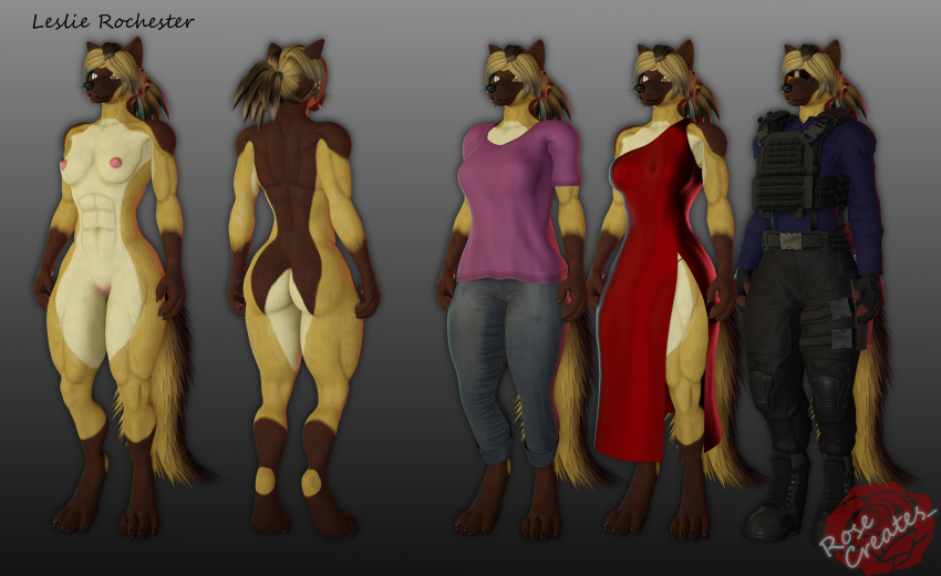 16:9 3d_(artwork) 4k abs absurd_res anthro ass blender_(software) bottomwear breasts canid canine canis clothed clothing denim denim_clothing digital_media_(artwork) domestic_dog dress female fur genitals german_shepherd hair herding_dog hi_res jeans leslie_rochester(rosecreates) mammal model_sheet muscular muscular_female nipples nude panties pants pastoral_dog police_uniform ponytail rosecreates shirt simple_background smile solo standing t-shirt topwear underwear uniform widescreen