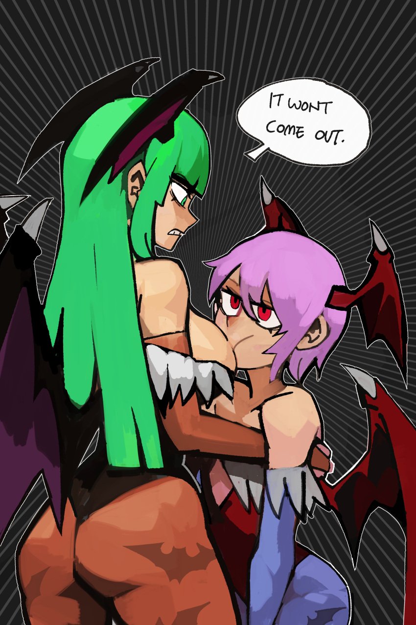 2022 2girls 33dot bat_wings breast_sucking capcom clothing darkstalkers female_only green_hair lilith_aensland medium_breasts monster_girl morrigan_aensland multiple_girls nipple_suck pink_hair sisters succubi succubus succubus_costume succubus_wings tagme vampire yuri