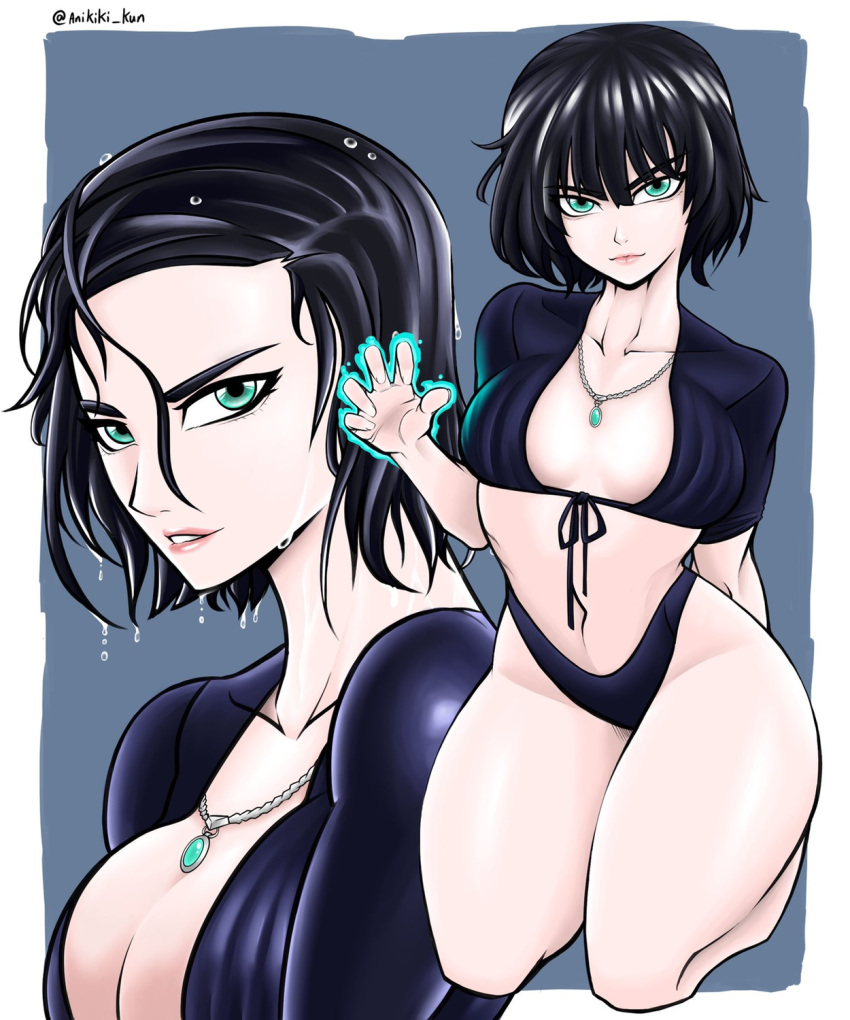 1girls anikiki_kun aura bangs belly belly_button big_breasts blue_background bob_cut breasts busty cleavage collarbone covered_pussy curvy curvy_body curvy_female curvy_figure dark_hair esper eye_contact female female_focus female_only fringe front_view fubuki_(one-punch_man) green_eyes hair hand_up heroine hips kneeling legs legs_together light-skinned_female light_skin lips lipstick looking_at_viewer medium_hair nails navel necklace on_knees one-punch_man open_clothes panties pink_lips pink_lipstick psychic shiny_skin shirt short_hair slim slim_waist smile smiling smiling_at_viewer smirk solo solo_female solo_focus stomach telekinesis thick thick_legs thick_thighs thighs thin_waist thong topwear underwear voluptuous waist water wet wet_hair wet_skin wide_hips