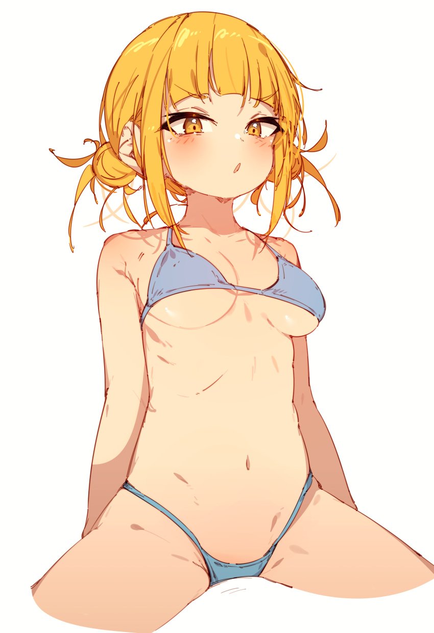 1girls absurdres bangs belly belly_button bikini bikini_bottom bikini_top blonde_female blonde_hair blue_bikini blue_bikini_bottom blue_bikini_top blue_bra blunt_bangs blush bra breasts double_bun female female_focus female_only hair hair_bun himiko_toga looking_at_viewer messy_hair midriff my_hero_academia navel open_mouth panties rasusurasu shounen_jump sidelocks simple_background sitting small_breasts solo solo_female solo_focus stomach underwear v white_background yellow_eyes