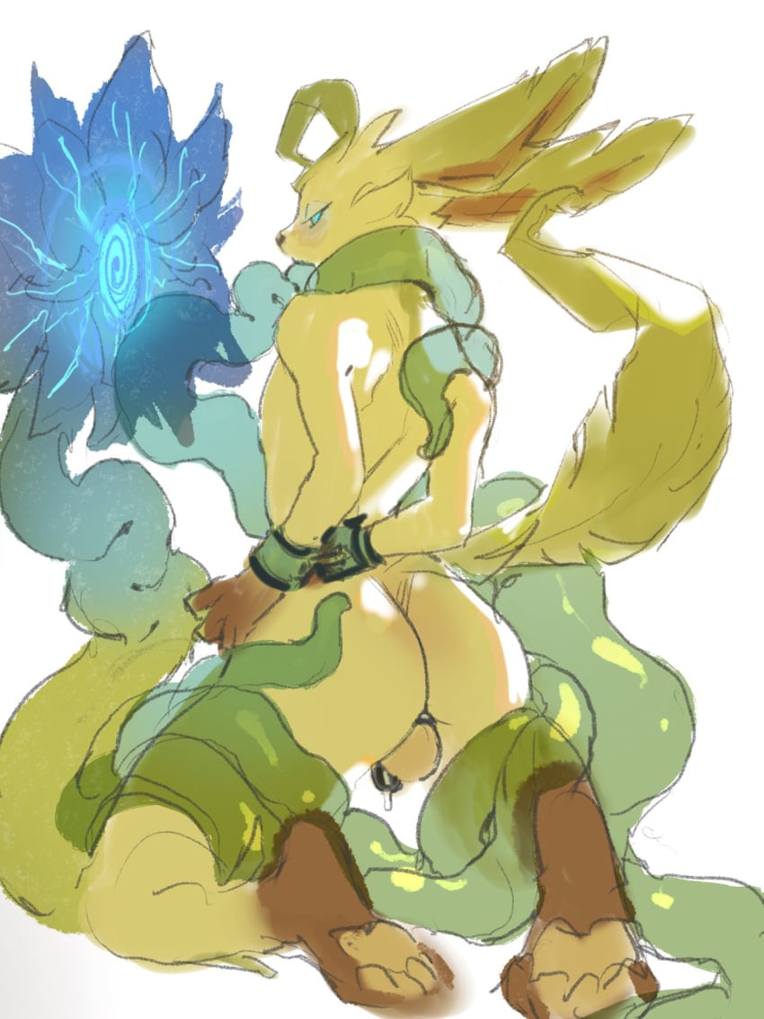 2022 anthro balls bassenji blue_eyes bodily_fluids bound brown_feet brown_hands brown_inner_ear chastity_cage chastity_device cheek_tuft digital_drawing_(artwork) digital_media_(artwork) duo eeveelution facial_tuft flower fur genital_fluids genitals green_ears green_tail hi_res kneeling leafeon legs_tied male male_only mammal nintendo oral oral_penetration pawpads penetration plant pokemon pokemon_(species) precum shaded simple_background submissive submissive_male tan_pawpads tentacle tentacle_in_mouth tentacle_penetration tentacle_sex translucent translucent_tentacles tuft video_games white_background yellow_body yellow_fur