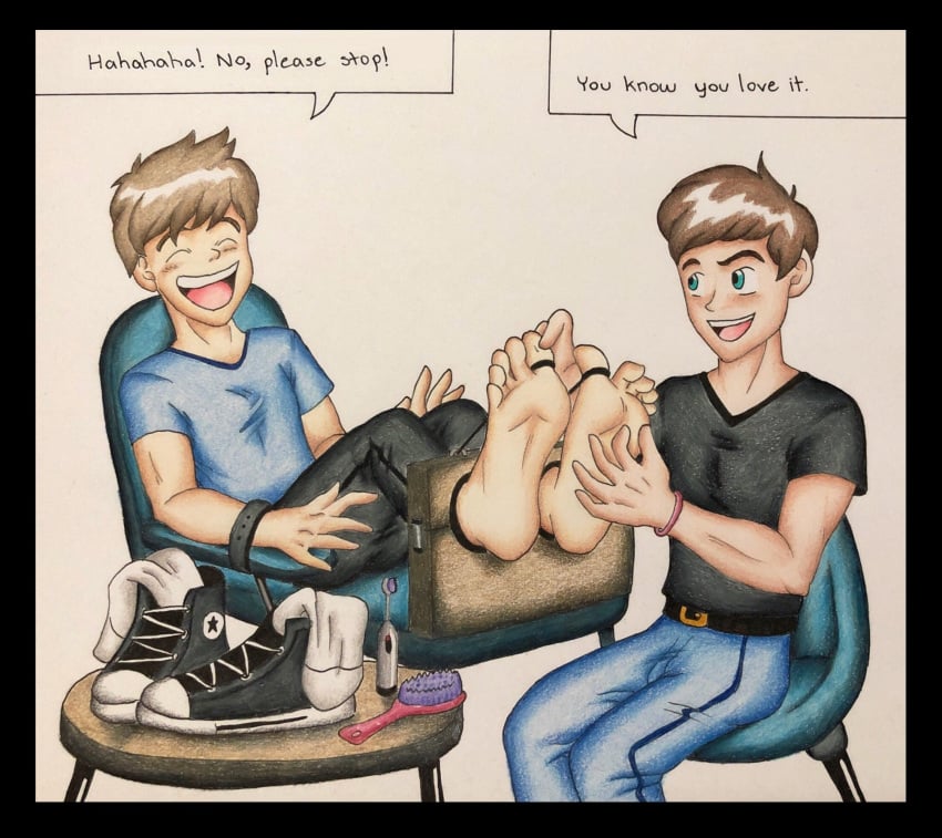 2boys barefoot black_shirt blue_shirt boyfriends electric_toothbrush feet gay hairbrush male_feet male_only original_characters shoes shoes_removed socks socks_removed stocks tickle_fetish tickle_torture tickling tickling_feet toby toby_(tickle_toby) toes_tied trueticklefanatic