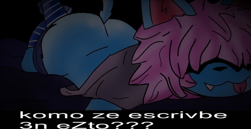 bad_grammar blue_ass blue_fur character_name domestic_cat furry furry_only furu_flami furu_ice hair_over_eyes pink_hair showing_ass solo_male spanish_text