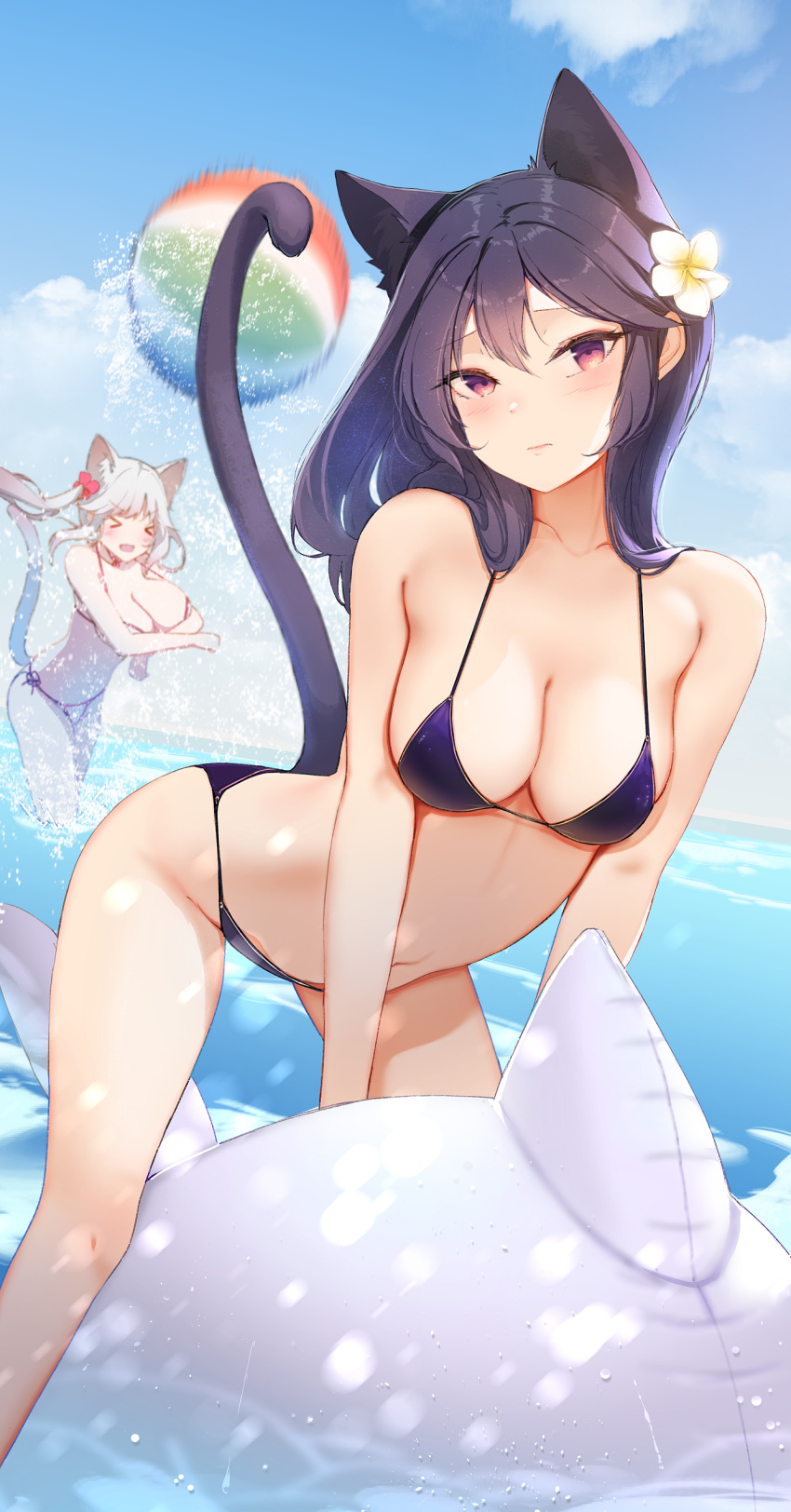 >_< 2girls :d absurdres animal_ears arched_back ball bare_arms bare_shoulders beachball bikini black_bikini black_hair breasts cat_ears cat_girl cat_tail cleavage closed_mouth collarbone extra_ears female floating_hair flower futoshi_ame hair_flower hair_ornament halter_top halterneck highres inflatable_dolphin inflatable_toy large_breasts long_hair looking_at_viewer medium_breasts motion_blur multiple_girls navel open_mouth original purple_eyes side-tie_bikini smile stomach strap_gap string_bikini swimsuit tail tail_raised thighs twintails wading water white_hair xd