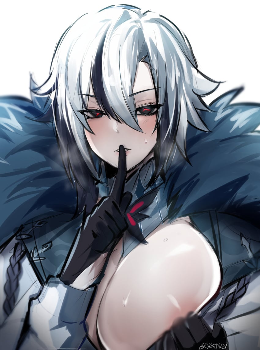 absurdres androgynous arlecchino_(genshin_impact) black_eyes black_hair blush breast_grab breasts female finger_to_mouth fur_trim genshin_impact gloves grabbing highres kurenaiz1 large_breasts long_sleeves multicolored_eyes multicolored_hair nipples one_breast_out parted_lips red_eyes shushing solo teeth white_background white_hair