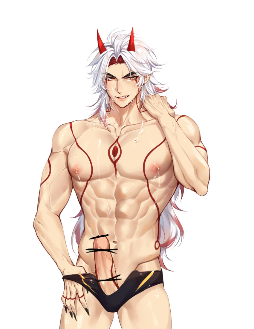 1boy abs absurdres arataki_itto bar_censor black_nails bracelet censored genshin_impact highres horns jewelry male_focus male_only medium_hair muscular muscular_male navel nipples oni oni_horns pale_skin pants penis red_eyes red_horns rourouki smile spiked_bracelet spikes sweat sweatdrop swimsuit tattoo testicles toned toned_male water_drop white_background white_hair