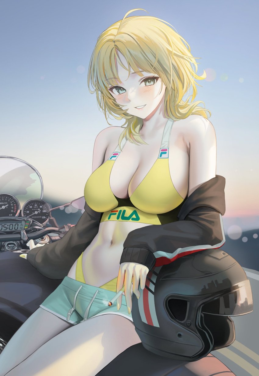 1girls big_breasts blonde_hair breasts cigarette female green_eyes midriff motorcycle motorcycle_helmet nail_polish navel short_hair shorts smoking tagme tokkihouse yellow_nails