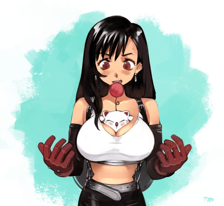 1girls 1other 2022 artist_name bare_shoulders belt between_breasts black_hair blush breast_smother breasts breasts_between_suspenders brown_eyes cleavage clothing crop_top cute earrings elbow_gloves female female_focus final_fantasy final_fantasy_vii gloves highres jewelry large_breasts long_hair looking_down midriff moogle navel open_mouth optionaltypo pencil_skirt red_gloves shirt signature simple_background skirt sleeveless sleeveless_shirt square_enix standing suspender_skirt suspenders sweat tank_top teeth tifa_lockhart tight_clothing tongue very_long_hair white_tank_top