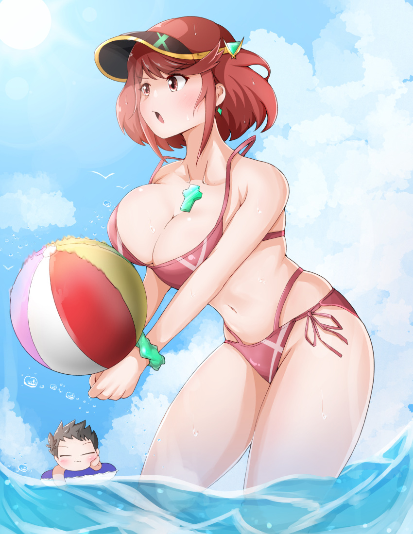 1girls absurdres ball bangs beach beach_volleyball breasts chest_jewel cleavage hariri highres large_breasts nintendo playing_sports pyra pyra_(xenoblade) red_eyes red_hair rex_(xenoblade) scrunchie short_hair sports_bikini swept_bangs swimsuit volleyball wading wrist_scrunchie xenoblade_(series) xenoblade_chronicles_(series) xenoblade_chronicles_2