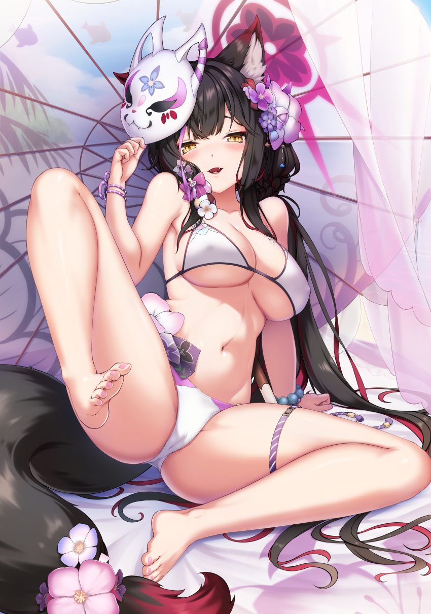 absurdres animal_ear_fluff animal_ears bangs beach_umbrella bikini black_hair blue_archive blunt_ends blush breasts cleavage colored_inner_hair covered_nipples female flower fox_ears fox_girl fox_mask fox_tail hair_flower hair_ornament halo highres large_breasts leg_up long_hair looking_at_viewer mask multicolored_hair navel oil-paper_umbrella open_mouth parasol red_hair seven_prisoners_(blue_archive) smile solo spread_legs string_bikini swimsuit tail tail_ornament thigh_strap tousaki_(tousakiworks) two-tone_hair umbrella wakamo_(blue_archive) wakamo_(swimsuit)_(blue_archive) white_bikini yellow_eyes