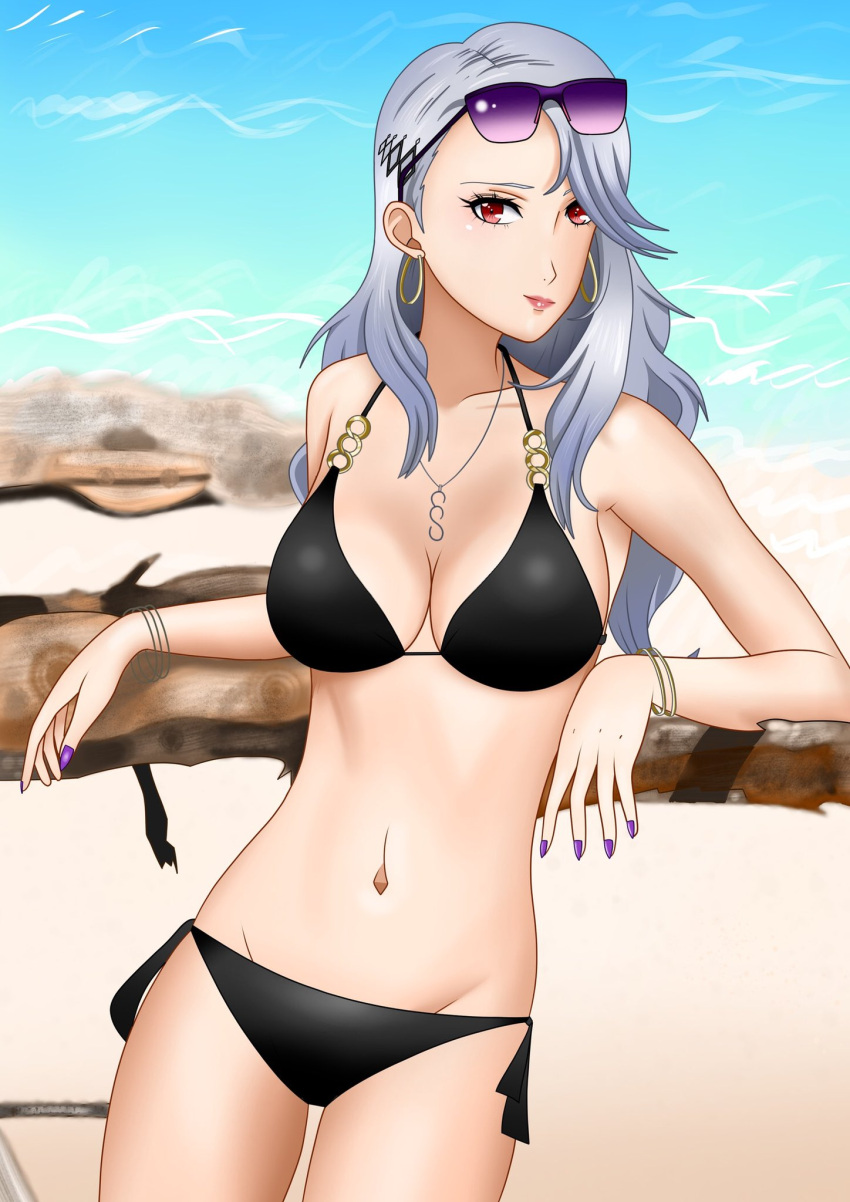 atlus bikini black_bikini breasts female female_only looking_at_viewer outdoors outside persona persona_5 rrl0215 sae_niijima solo swimsuit