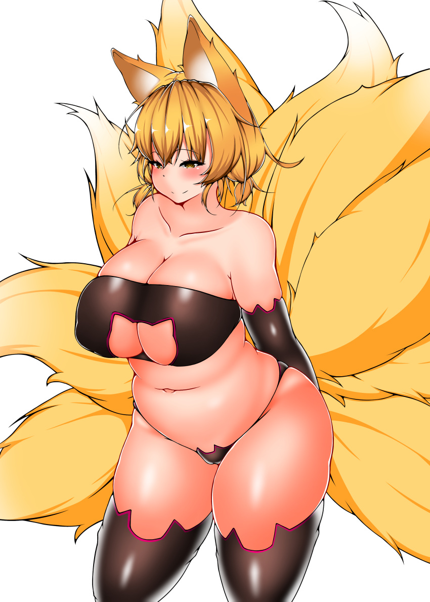 9_tails absurdres animal_ears bangs bbw black_bra black_panties black_thighhighs blonde_hair bra breasts cat_cutout cat_lingerie chubby chubby_female cleavage_cutout closed_mouth clothing_cutout female fox_ears fox_tail highres huge_breasts kitsune looking_at_viewer meme_attire multiple_tails noname_hider overweight overweight_female panties plump ran_yakumo short_hair side-tie_panties simple_background skindentation smile solo swimsuit tail thighhighs touhou underwear white_background yellow_eyes