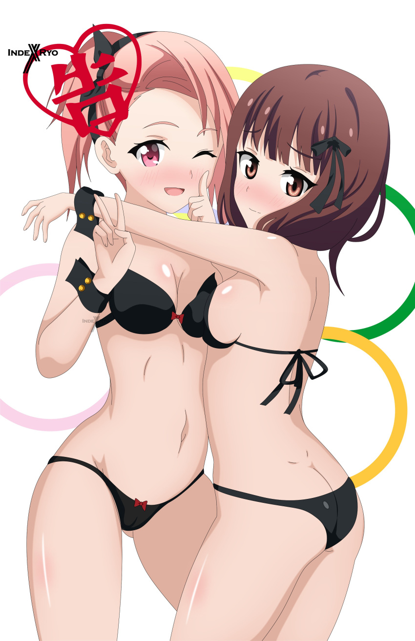 2girls absurdres ass ass_cleavage back bangs bikini black_bikini blush breasts brown_eyes brown_hair butt_crack closed_mouth dimples_of_venus female female_only hair_ornament highres human iino_miko indexryo kaguya-sama_wa_kokurasetai_~tensai-tachi_no_renai_zunousen~ koyasu_tsubame long_hair multiple_girls one_eye_closed open_mouth peace_sign pink_hair purple_eyes short_hair smile swimsuit tagme v